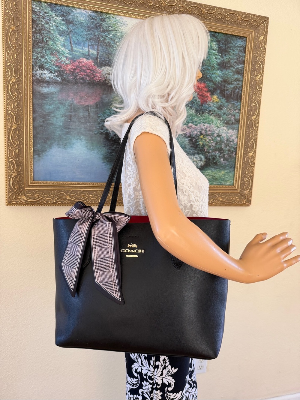 Coach Black Leather Tote with Red Interior and Plaid Bow - Picture 3 of 9